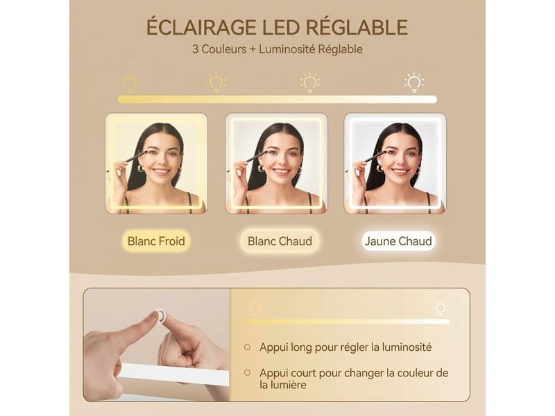  Coiffeuse blanche 100x40x142 cm avec miroir led coulissant et tabouret – table de maquillage avec armoire à bijoux, 4 tiroirs, étagères cachées et support sèche-cheveux – 3 modes d'éclairage réglables  - Conforama C