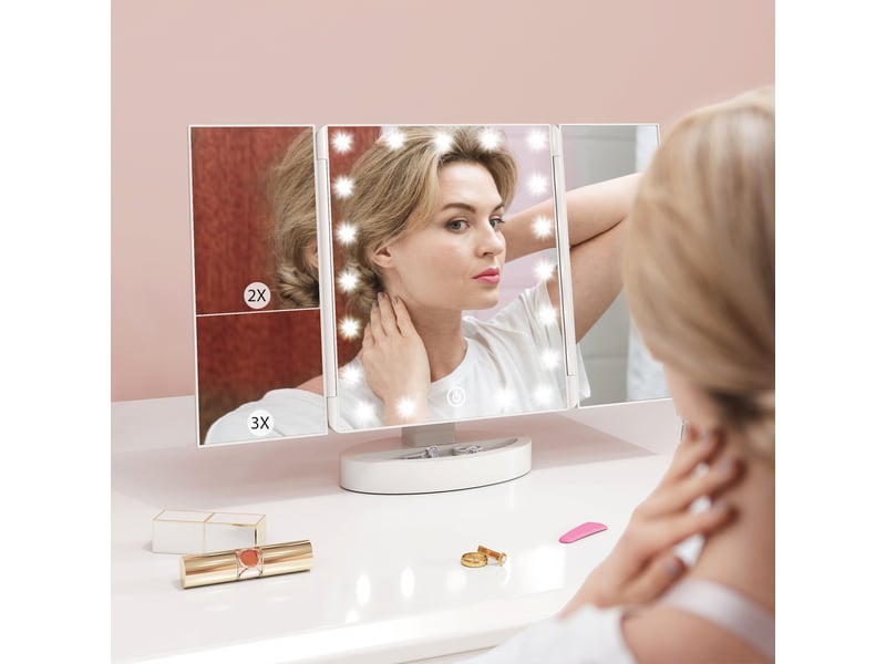  Miroir de maquillage avec éclairage, grossissement 1x2x3x, rotation libre à 180°, 21 led, interrupteur tactile, blanc  - Conforama C
