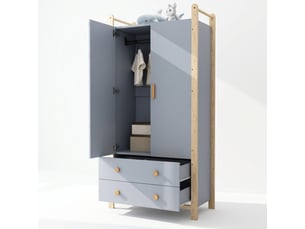 Armoire 2 portes avec penderie et 2 tiroirs, meuble de chambre bleu et bois, 90x45x180 cm