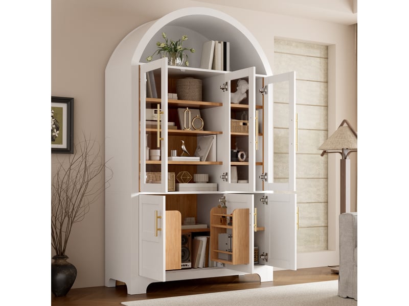  Buffet haut de rangement 110x40x185 cm, niche ouverte en arche, 3 portes vitrées, panneau de particules et mdf, blanc  - Conforama E