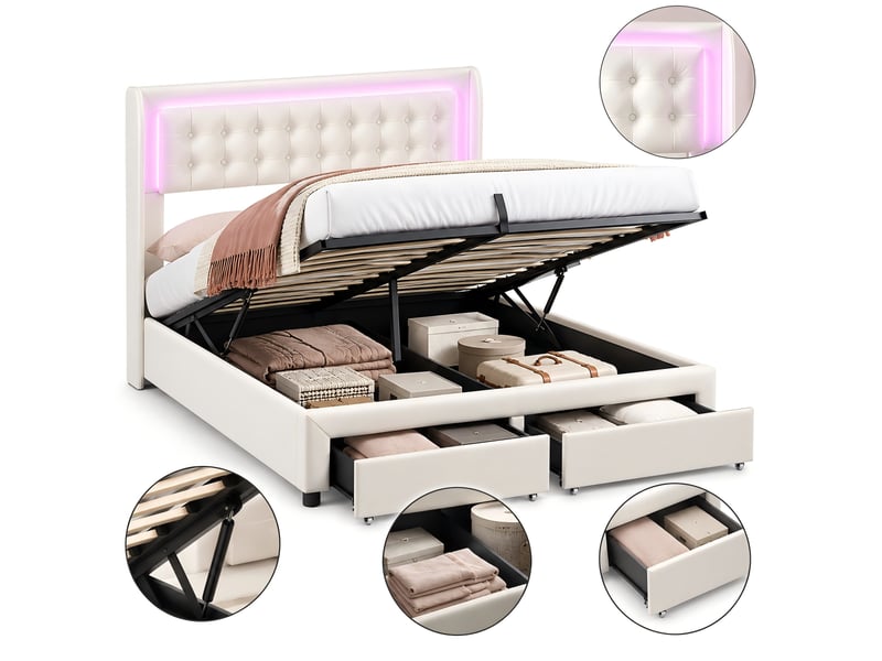 Kefsr lit coffre 180x200 cm en velours beige avec éclairage led rgb et 2 tiroirs - lit double adulte capitonné avec sommier relevable (matelas non inclus) - Conforama A