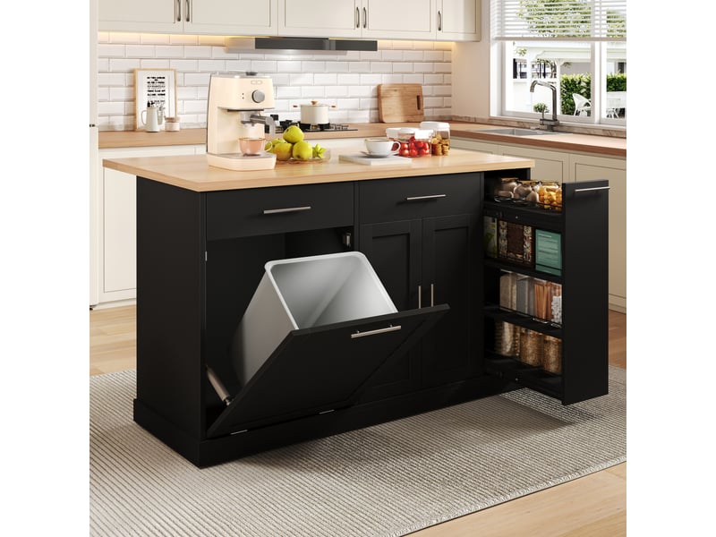  Îlot central cuisine sur roulettes, plan de travail rabattable, desserte avec meuble poubelle et épices, 120x70cm  - Conforama W