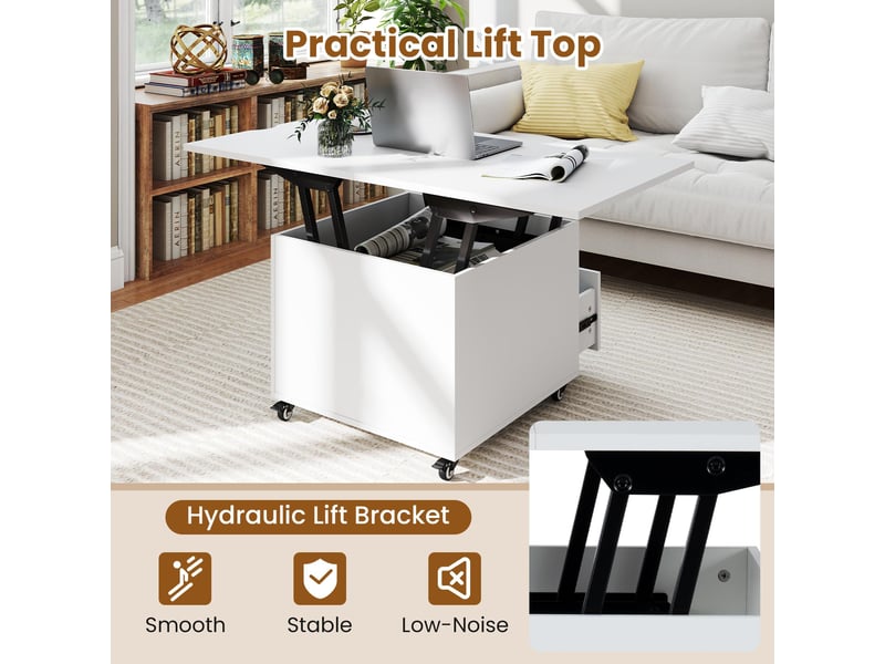 3 en 1 table basse relevable avec roulettes, table basse extensible à manger salon hauteur réglable avec tiroir rangement,60-120x60x50-66cm (blanc) - Conforama D