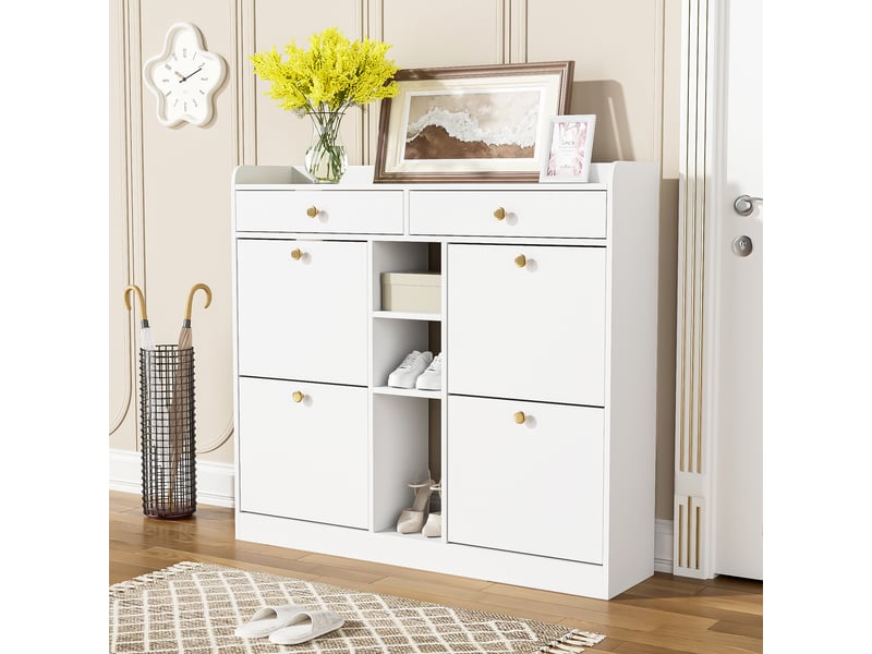  Meuble à chaussures avec 4 portes abattantes, 2 tiroirs et 3 niches à faible profondeur pour entrée, blanc, 110×26×100 cm  - Conforama C
