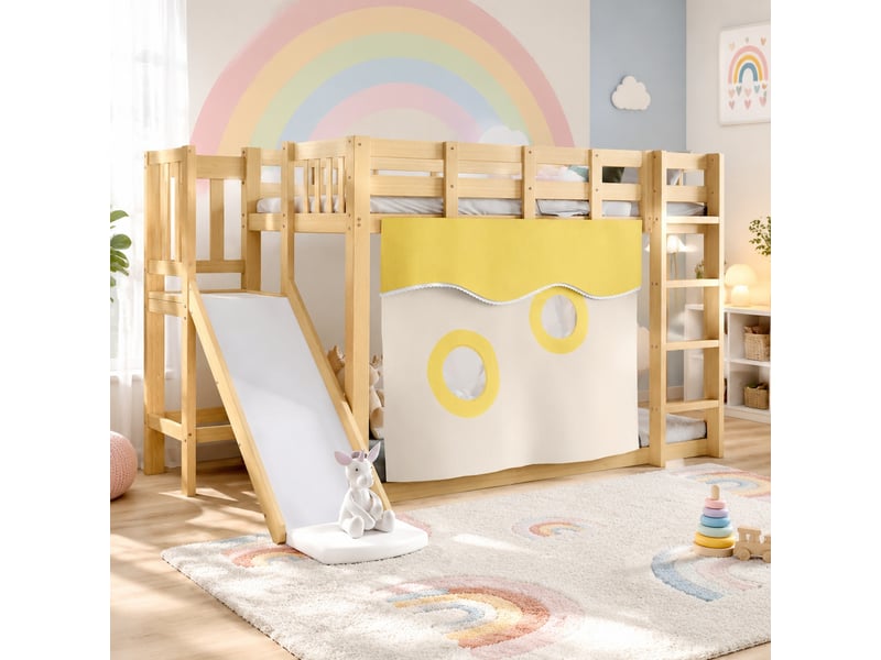 Lit superposé enfant avec toboggan et rideaux naturel 90 x 200 cm - Conforama C