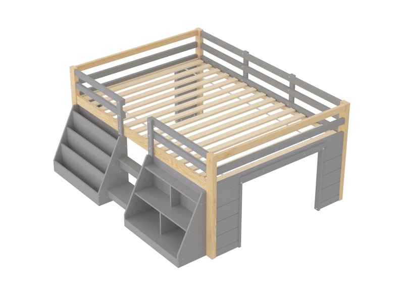 Lit enfant 140 x 200 cm – avec étagères de rangement – avec barrières de sécurité – avec échelle – avec éclairage led – gris (matelas non inclus) - Conforama R