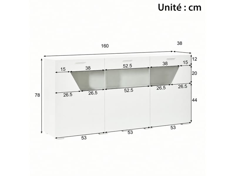  Buffet 3 portes avec vitrage et led contrôlée par application pour salon 160×38×78 cm blanc  - Conforama E
