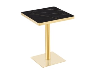 Table à manger carrée 60 x 60 cm avec plateau uv aspect marbre, structure en métal noir et doré
