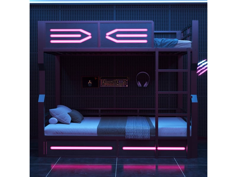 Lit superposé fer 90x200 cm led design épuré barrières hautes adolescent mezzanine noir  - Conforama E