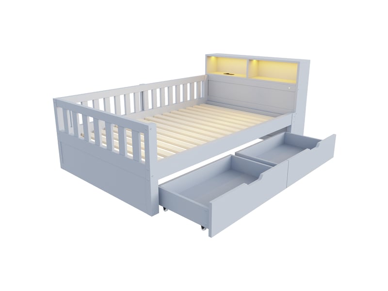  Lit enfant multifonctionnel 90x200 cm - lit simple avec rangement, 2 tiroirs, étagères, led et prises - gris  - Conforama W