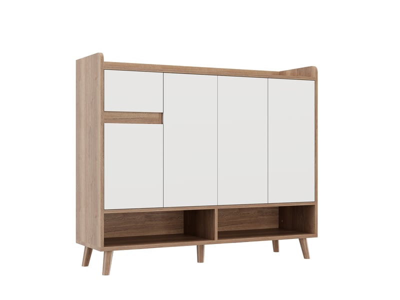  Buffet à chaussures oslo blanc bois 120x35x99 cm, 4 portes, tiroir &amp; étagère réglable, grand rangement  - Conforama E