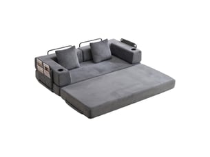 Canapé 2 places, transformable en lit, avec porte-gobelets, avec coussins, en velours côtelé, coloris gris foncé, assise confortable