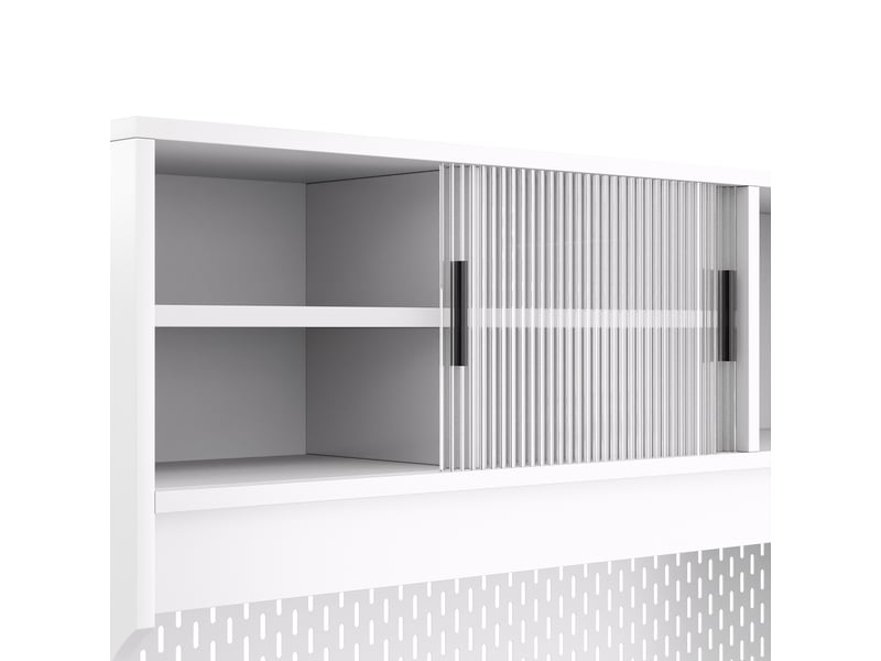 Buffet de cuisine en mdf et panneaux de particules, portes coulissantes en verre rainuré, tiroirs, niches ouvertes, pieds en pin - Conforama E