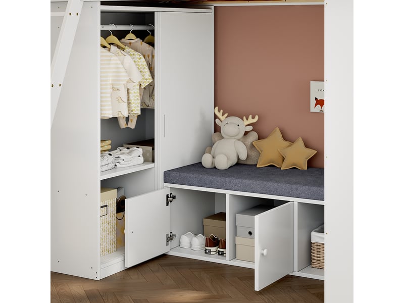 Lit mezzanine enfant 90 x 200 cm avec armoire et banquette, bois blanc et naturel - Conforama D