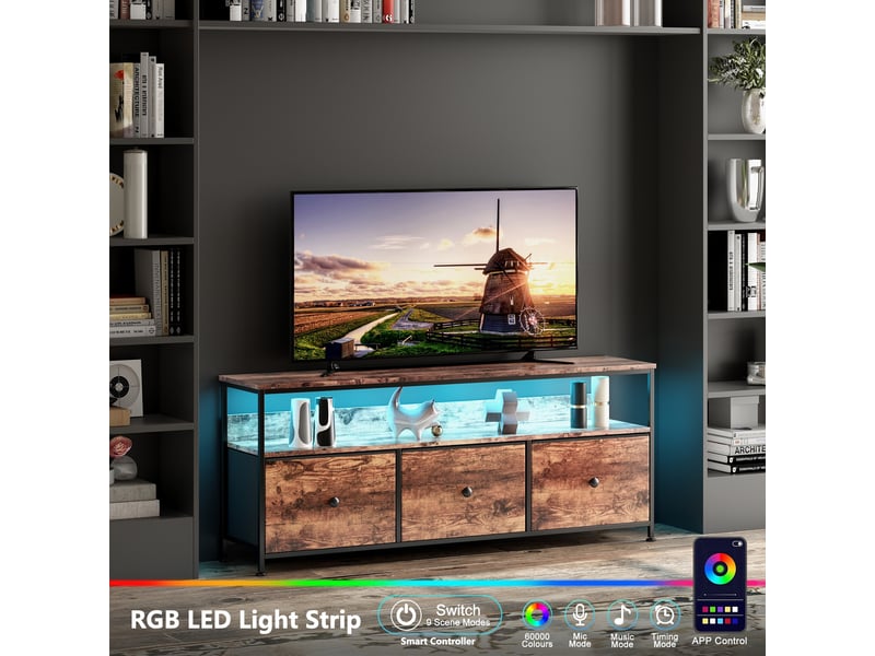  Meuble tv multimédia avec led - buffet led - design rétro chic - tiroirs en tissu effet bois - 137cmx30x57cm - marron  - Conforama D