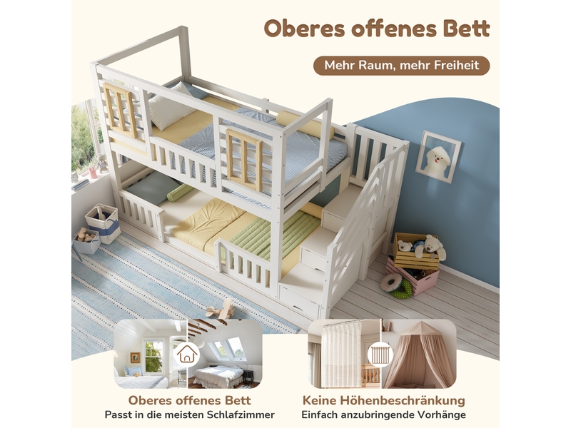  Lit superposé cabane 90x200 cm blanc avec escalier de rangement, lit enfant en bois avec fenêtres et sommier inclus  - Conforama D