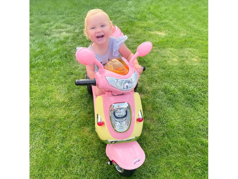  Scooter électrique enfant 108x51x75 cm 6v à 3 roues avec coffre rose et blanc  - Conforama B