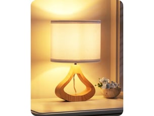 Lampe de chevet style scandinave 34 cm abat-jour lin blanc base chene clair e27 2700k led