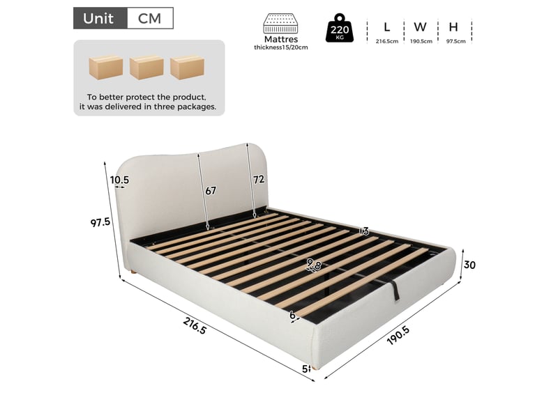  Lit coffre double 180x200 cm hydraulique avec sommier, tissu bouclette blanc  - Conforama C