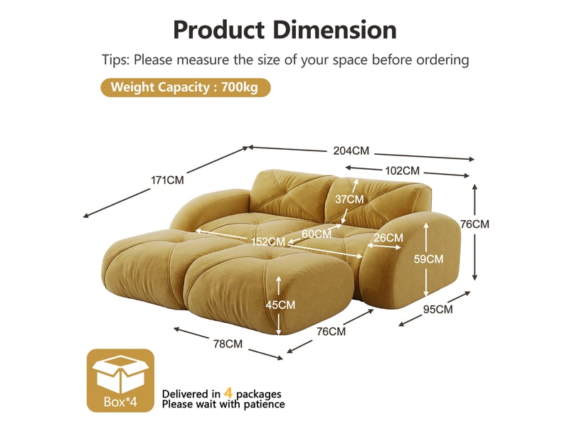 Canapé modulaire 2 places sans armature avec poufs, confort en chenille et mousse 32d, pour salon, jaune - Conforama E