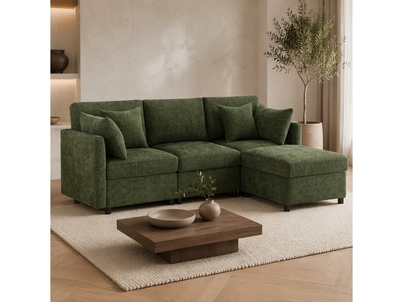  Canapé d'angle ulevr modulable 3-4 places avec pouf mobile, tissu chenille vert, 216 x 161 x 81 cm, 4 coussins  - Conforama E