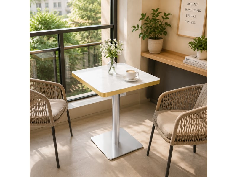  Table à manger carrée,60x60x74 cm,avec pied métal,mdf,blanc effet marbre  - Conforama B