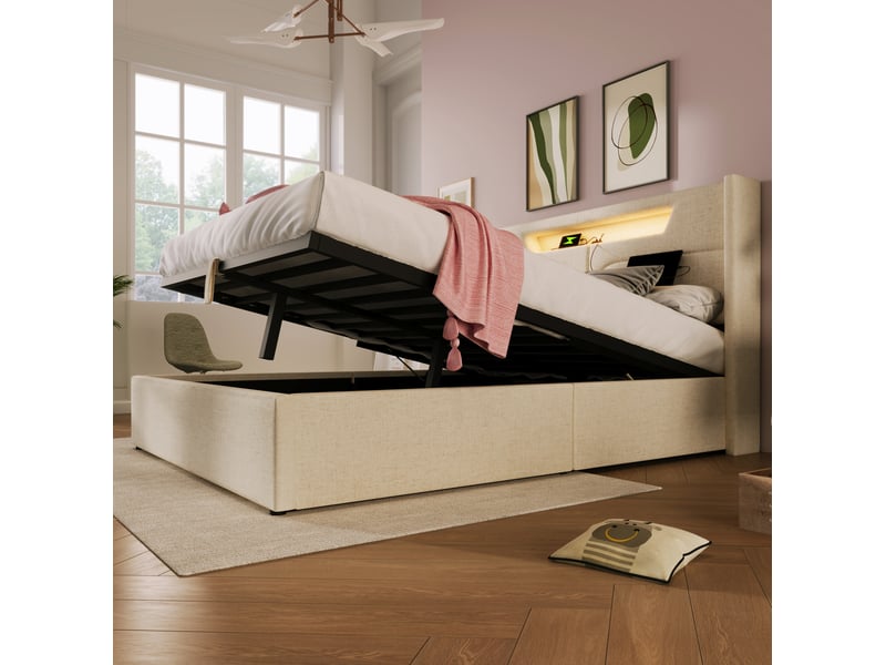  Lit coffre 160 × 200 cm 2 places avec led réglable, usb et type-c, matelas inclus, en lin beige  - Conforama C