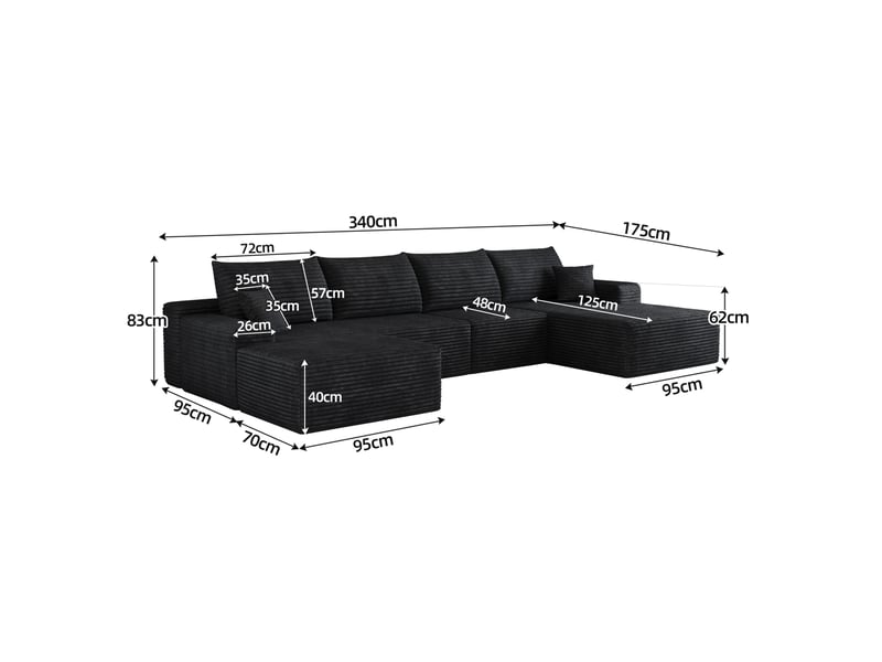 Canapé d'angle fixe 5 places en velours côtelé noir 340x175x83 cm, chaise longue en l, sans montage - Conforama C