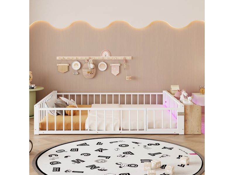  Lit plat en métal 140 x 200 cm, blanc, sans matelas, led, rangement ouvert et garde-corps  - Conforama C