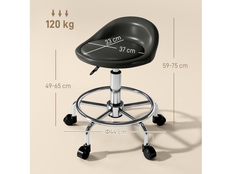  Tabouret de travail 33x37x49-65 cm à roulettes réglable, pivotant à 360°, avec dossier, pour bureau, similicuir noir  - Conforama C