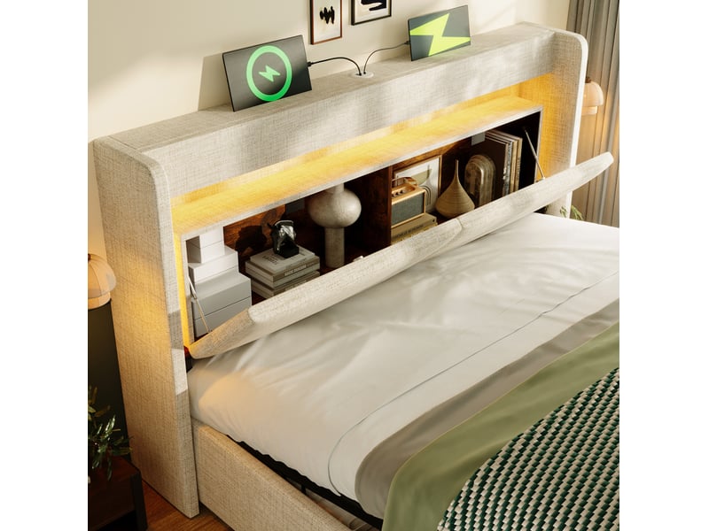  Lit avec rangement 160x200 cm beige en lin, tête de lit led, usb et usb-c, coffre hydraulique, matelas  - Conforama E