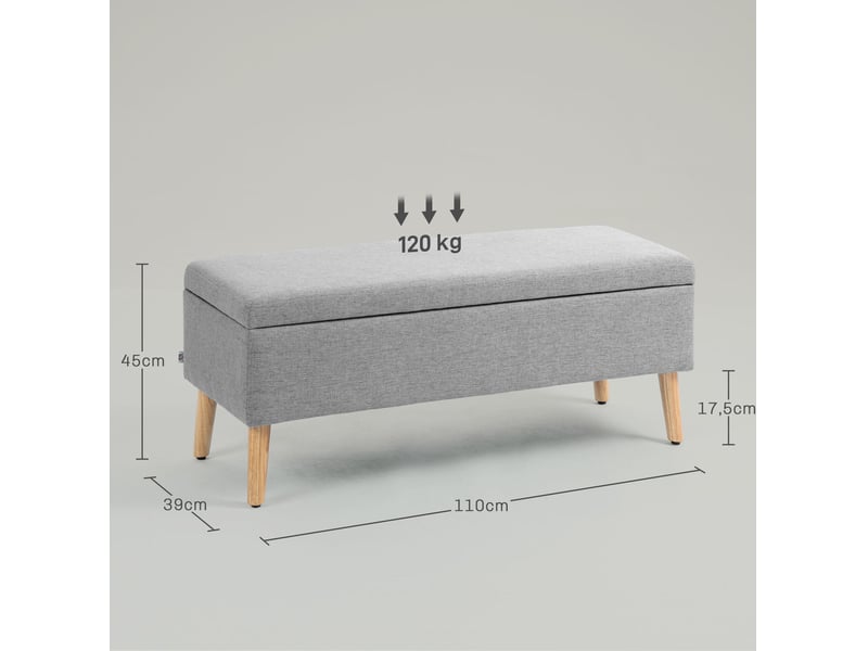  Banc coffre 110x39x45 cm, banc de lit moderne, pieds en bois, rectangulaire, chambre et salon, polyester, gris clair  - Conforama C