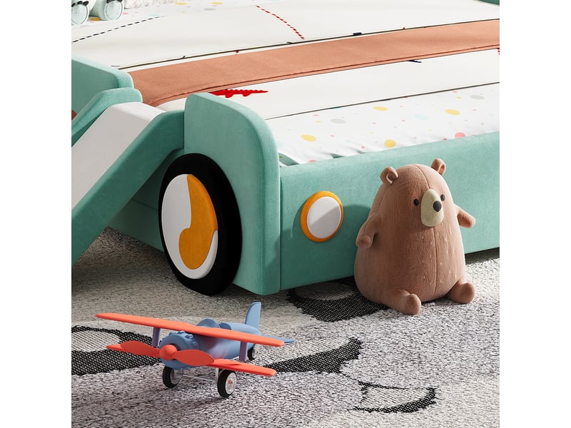  Lit enfant 140 x 200 cm voiture avec toboggan et escalier, montage gauchedroite, lit rembourré avec barrières de sécurité, velours, bleu-vert CozyNest - Conforama D