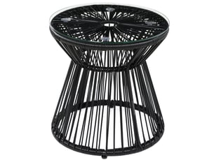 Table de jardin ronde noire en résine tressée et verre trempé, style bohème pour jardin et balcon au soleil