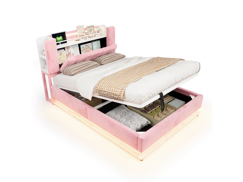  Lit coffre rembourré 140x200 cm avec led, prise usb et rangement hydraulique, structure métal, revêtement velours rose Morn Vibe - Conforama A