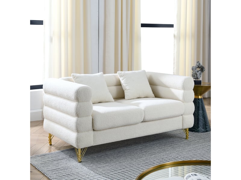  Canapé droit 2 places en tissu teddy blanc, design nuage avec dossier et accoudoirs ondulés, pieds en métal doré, assise à ressorts, coussins inclus  - Conforama C