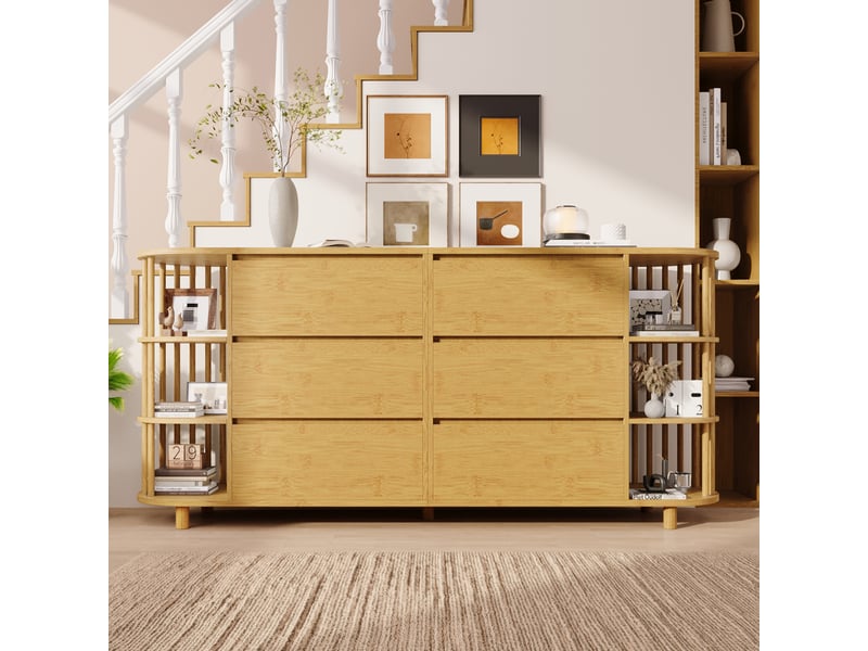 Buffet chêne 160 × 40 × 75 cm, 6 tiroirs et étagères latérales en bambou IKSETERA TRADING LTD - Conforama E