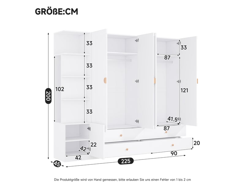 Grande armoire 200 x 225 x 45 cm avec 3 penderies, 4 tiroirs et nombreux compartiments, meuble multifonction à portes battantes au design moderne pour chambre - blanc OPULERANE TRADING LTD - Conforama C