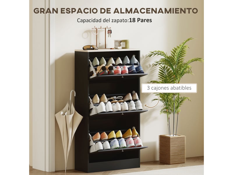  Meuble à chaussures moderne avec 3 tiroirs abattants et étagères réglables pour 18 paires de chaussures 60x23,5x115 cm noir  - Conforama E