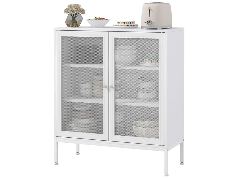  Buffet 2 portes grillagées en acier et mélaminé blanc 80 x 37 x 92 cm  - Conforama B