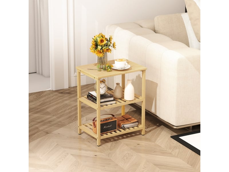 Table d’appoint en bambou 3 niveaux avec tablettes à lattes pour petits espaces, salon et chambre, naturel  - Conforama D