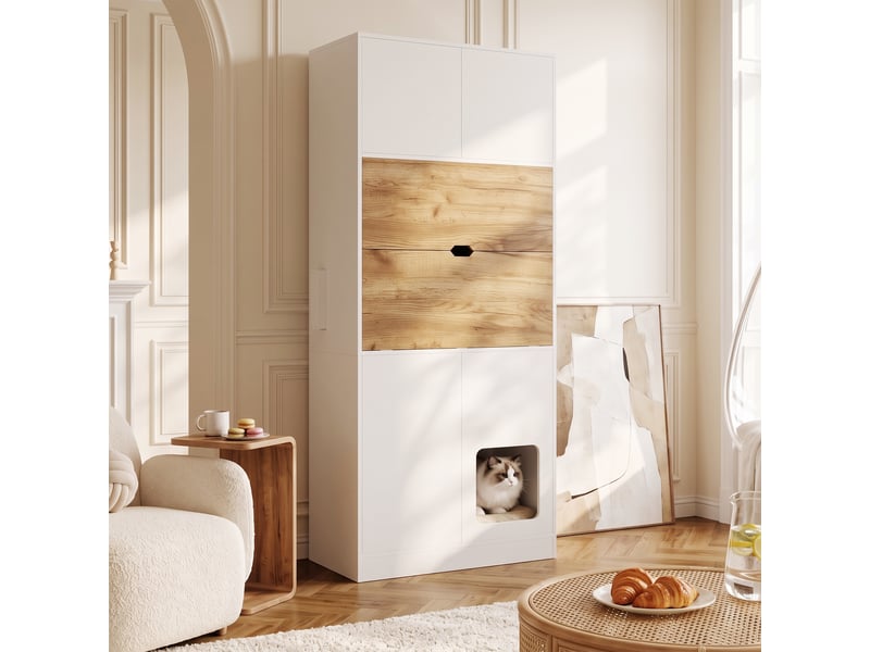  Secrétaire 80x40x180cm avec bureau rabattable, rangements pour dossiers, éclairage LED, niche pour animal et griffoir, finition blanc vieilli  - Conforama C