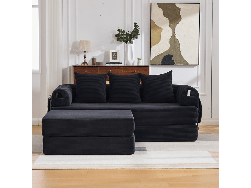  Canapé modulable modenvie 3 places velours côtelé noir avec pouf et 3 coussins 200 x 190 x 67 cm  - Conforama B