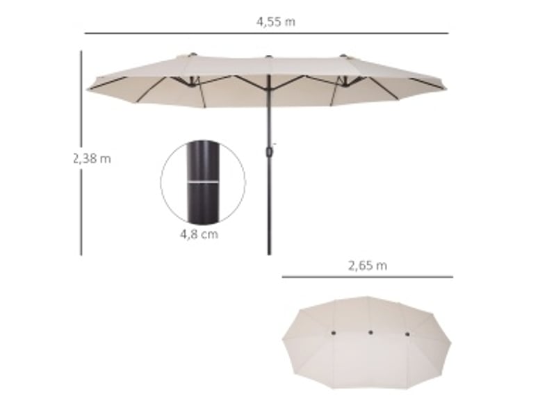 Parasol double xxl beige avec manivelle, ovale, aération intégrée, structure en métal, 455 x 265 x 238 cm - Conforama C