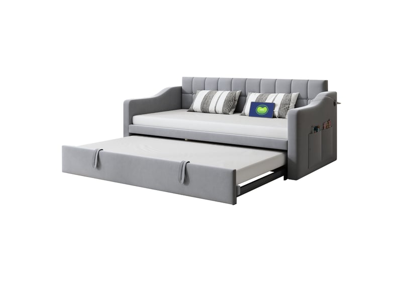  Modenvie banquette-lit gigogne 90x190 cm - velours, ports usb et lit extensible - pour petit espace - gris  - Conforama A