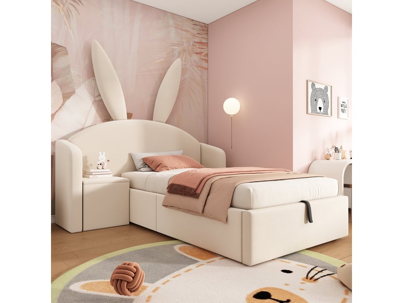  Lit enfant 90 x 190 cm, rangement hydraulique, chevet, tête de lit beige  - Conforama E