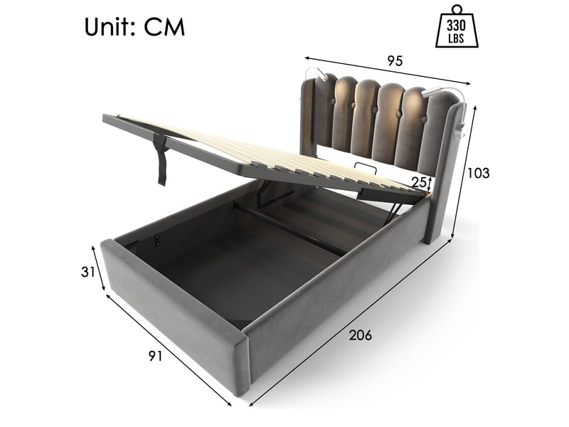  Lit enfant 90 × 200 cm 1 place avec coffre, usb, lampe de lecture et matelas inclus, en velours gris  - Conforama D