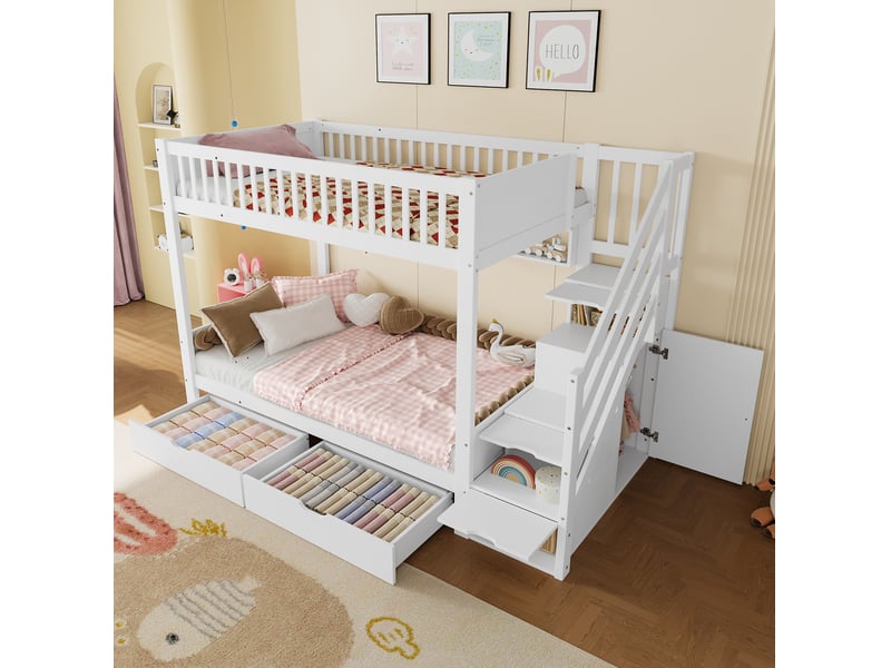  Lit superposé enfant 90x200 cm avec escalier de rangement et armoire, blanc  - Conforama C