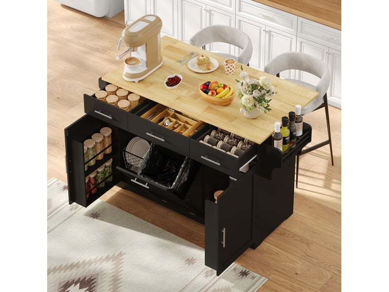 Desserte de cuisine avec plateau rabattable, 3 tiroirs, 2 placards, poubelle et prises, en mdf noir et bois naturel - Conforama B