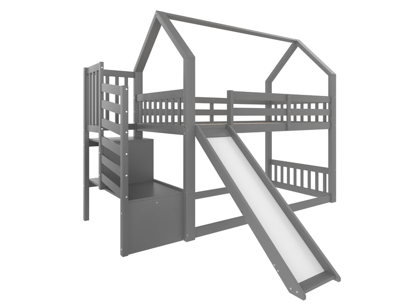  Lit superposé avec toboggan et escalier, lit cabane gris 90x200, lit enfant avec barrière de sécurité, sans matelas.  - Conforama A